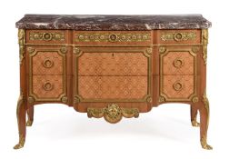 Y A FRENCH PARQUETRY AND ORMOLU MOUNTED COMMODE, IN LOUIS XV/XVI TRANSITIONAL STYLE