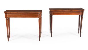 Y A PAIR OF REGENCY ROSEWOOD AND PARTRIDGEWOOD CROSSBANDED FOLDING CARD TABLES, CIRCA 1815