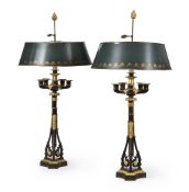 A PAIR OF RESTAURATION BLACK AND GILT PATINATED BRONZE FIVE-LIGHT LAMPS, CIRCA 1830