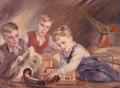 A German 20th Century oil on canvas of three boys playing with a 00 train set