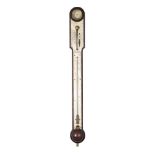 A FINE GEORGE III MAHOGANY BAYONET-TUBE MERCURY STICK BAROMETER WITH LARGE SCALE THERMOMETER