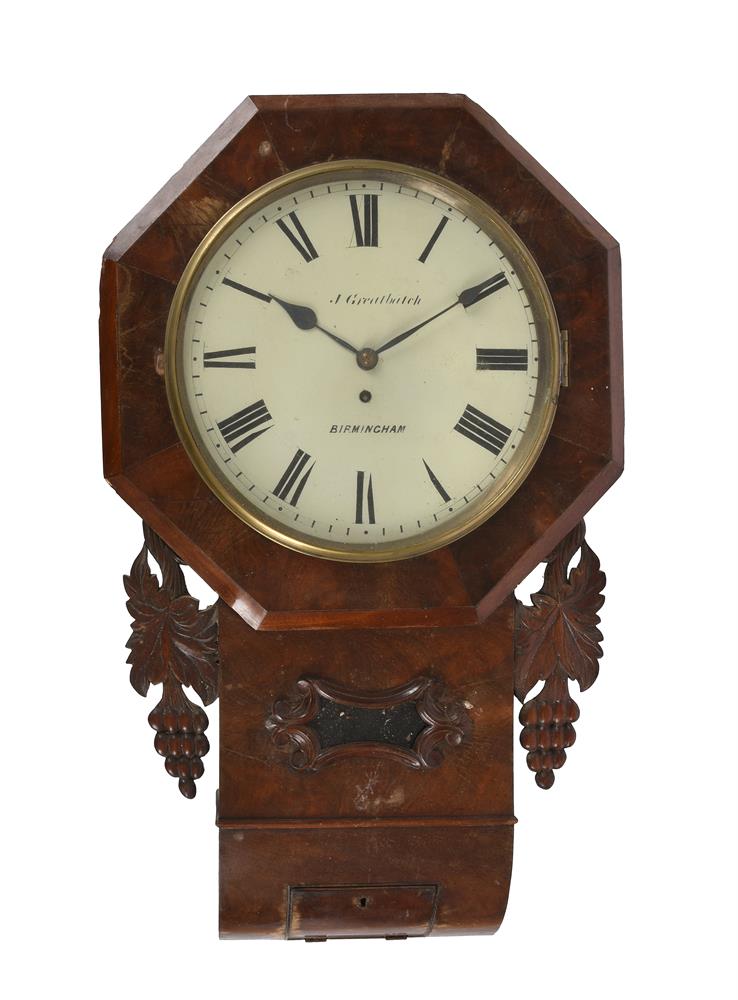 A VICTORIAN MAHOGANY FUSEE DROP-DIAL WALL TIMEPIECE AND A GROUP OF ENGLISH CLOCK MOVEMENTS - Image 2 of 5