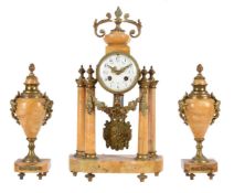 A FRENCH GILT BRASS MOUNTED SIENA MARBLE MANTEL CLOCK GARNITURE