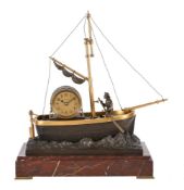 A RARE FRENCH GILT BRASS, BRONZE AND ROSSO FRANCIA MARBLE NOVELTY AUTOMATON TIMEPIECE ‘THE OARSMAN’