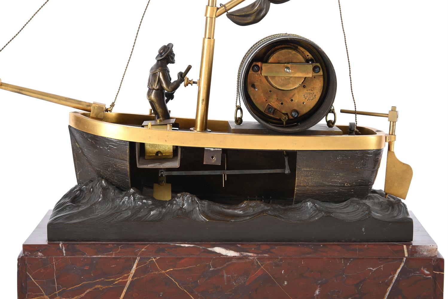 A RARE FRENCH GILT BRASS, BRONZE AND ROSSO FRANCIA MARBLE NOVELTY AUTOMATON TIMEPIECE ‘THE OARSMAN’ - Image 3 of 3