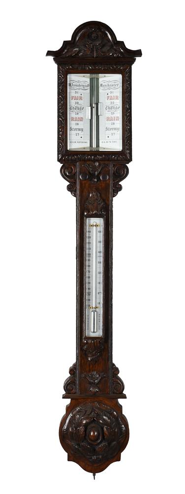 A VICTORIAN CARVED OAK MERCURY STICK BAROMETER