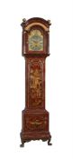 A FINE GEORGE II SCARLET JAPANNED QUARTER-CHIMING EIGHT-DAY LONGCASE CLOCK