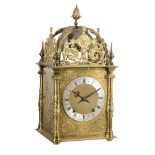 A BRASS QUARTER-STRIKING LANTERN MANTEL CLOCK