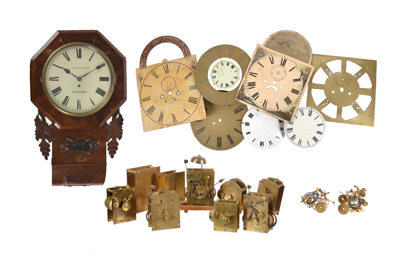 A VICTORIAN MAHOGANY FUSEE DROP-DIAL WALL TIMEPIECE AND A GROUP OF ENGLISH CLOCK MOVEMENTS