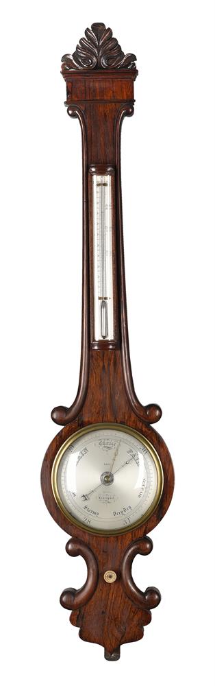 Y A VICTORIAN ROSEWOOD MERCURY WHEEL BAROMETER WITH SIX-INCH DIAL