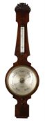 A VICTORIAN FIGURED MAHOGANY MERCURY WHEEL BAROMETER WITH 12-INCH DIAL