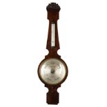 A VICTORIAN FIGURED MAHOGANY MERCURY WHEEL BAROMETER WITH 12-INCH DIAL