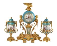 A FINE FRENCH BELLE EPOCHE ORMOLU MOUNTED SEVRES STYLE PORCELAIN MANTEL CLOCK