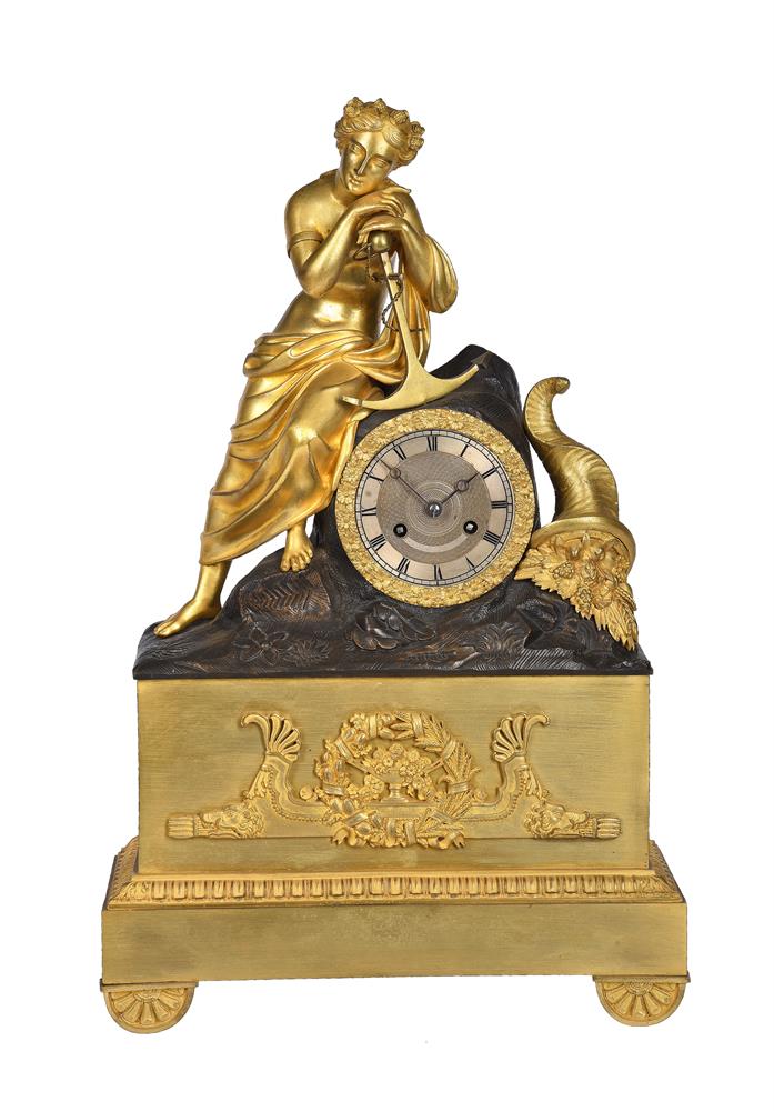 A FRENCH EMPIRE ORMOLU AND PATINTED BRONZE FIGURAL MANTEL CLOCK