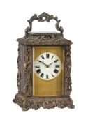 A FRENCH SCULPTED SILVERED BRASS ROCOCO STYLE CARRIAGE CLOCK WITH REPEAT