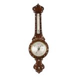 Y A VICTORIAN MOTHER OF PEARL AND BRASS INLAID MERCURY WHEEL BAROMETER