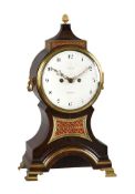 A GEORGE III BRASS MOUNTED EBONISED BALLOON-SHAPED BRACKET CLOCK WITH FIRED ENAMEL DIAL