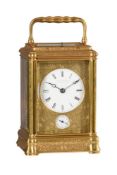 A FINE FRENCH ENGRAVED GILT BRASS GORGE CASED GRANDE SONNERIE STRIKING ALARM CARRIAGE CLOCK