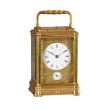 A FINE FRENCH ENGRAVED GILT BRASS GORGE CASED GRANDE SONNERIE STRIKING ALARM CARRIAGE CLOCK