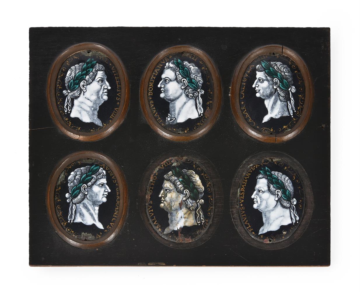 A GROUP OF SIX LIMOGES ENAMELS ON COPPER OF ROMAN EMPERORS, PROBABLY 17TH CENTURY