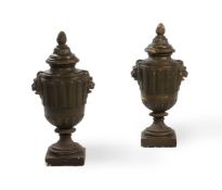 A PAIR OF PAINTED PLASTER URNS, LATE 19TH/EARLY 20TH CENTURY