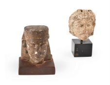 TWO LIMESTONE FRAGMENTS, A HEAD OF PHARAOH AND ANOTHER HEAD, POSSIBLY ANCIENT