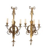 A PAIR OF FRENCH ORMOLU THREE-LIGHT WALL APPLIQUES, AFTER A MODEL BY THOMIRE, LATE 19TH CENTURY