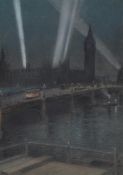 Robert Randoll (British 1864-1946), War searchlights over Westminster Bridge