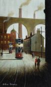 λ Arthur Delaney (British 1927-1987), Trams with Stockport Viaduct beyond