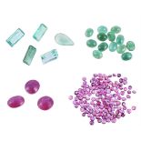 A collection of unmounted stones; to include various synthetic emeralds; emeralds; and rubies