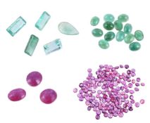 A collection of unmounted stones; to include various synthetic emeralds; emeralds; and rubies