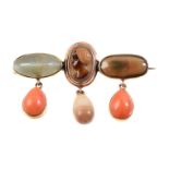 Y A coral, pearl and hardstone brooch
