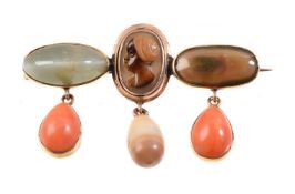 Y A coral, pearl and hardstone brooch