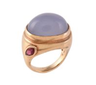 A 9 carat gold blue chalcedony and ruby dress ring