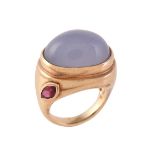 A 9 carat gold blue chalcedony and ruby dress ring