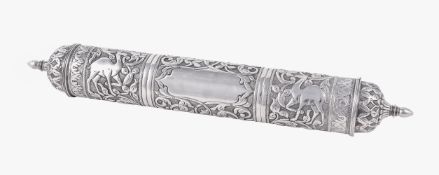 An Indian silver cylindrical scroll case