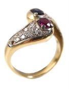 A ruby, sapphire and diamond crossover ring