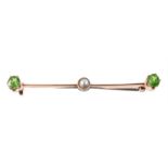 An Edwardian demantoid garnet and pearl bar brooch