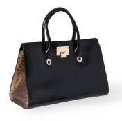 Y Jimmy Choo, Riley, a black patent leather and Karung snake handbag