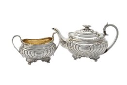Y A late George III silver oblong baluster tea pot and sugar basin by William Barret II