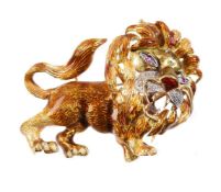 A mid 20th century diamond and enamel lion brooch