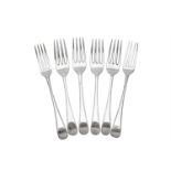 Four George III silver Old English and feather edge pattern dessert forks by Charles Hougham