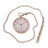 Unsigned, 9 carat keyless wind open face pocket watch