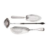 A George II silver toddy ladle and two George III fish slices