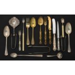Y A collection of silver, silver coloured and silver mounted flatware