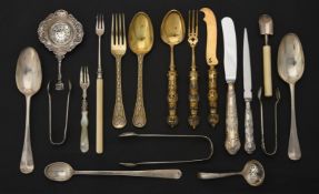 Y A collection of silver, silver coloured and silver mounted flatware