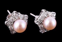 A pair of cultured pearl and diamond cluster earrings