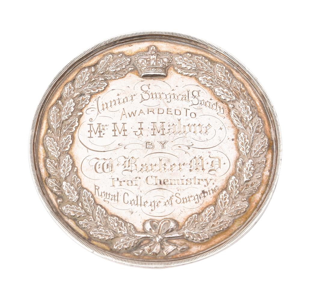 Royal College of Surgeons, silver prize medal awarded 1869 for chemistry to M. J. Malone by W. Barke - Image 2 of 2