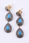 A pair of reconstituted turquoise and lasque cut diamond earrings