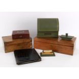 Pen and writing related items to include a 19th century rectangular hardwood travel desk